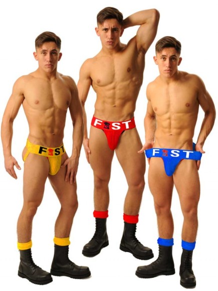 Три пары мужских стринг Fist Logo Jock, разноцветные джоки (синие, красные, желтые)