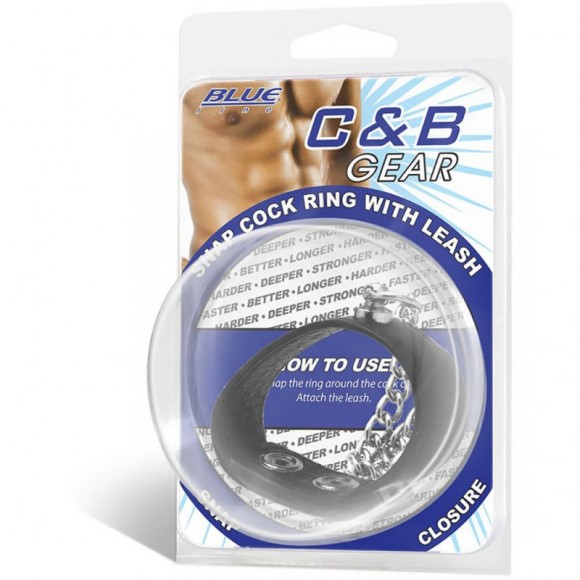 Кольцо на пенис из экокожи BlueLine Snap Cock Ring With 12 Leash с поводком из металла